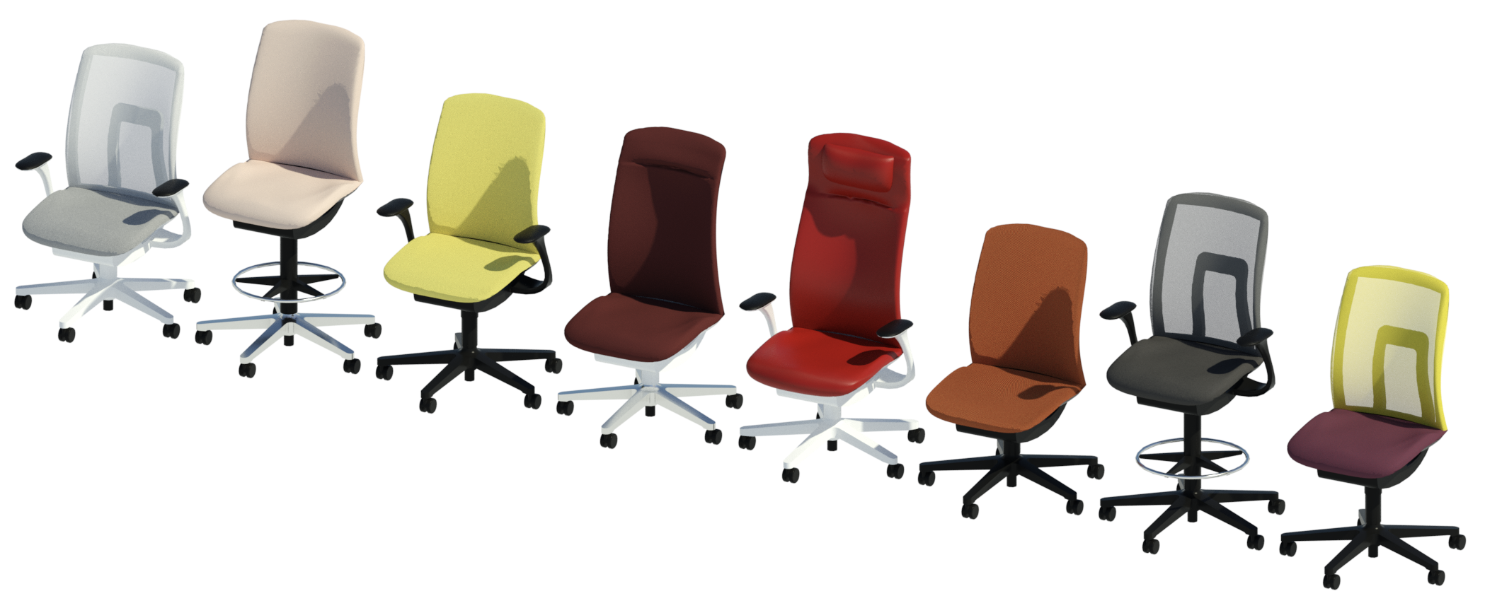 Eight multicolored AT Task chairs displaying frames, seating positions, backrests and materials types.
